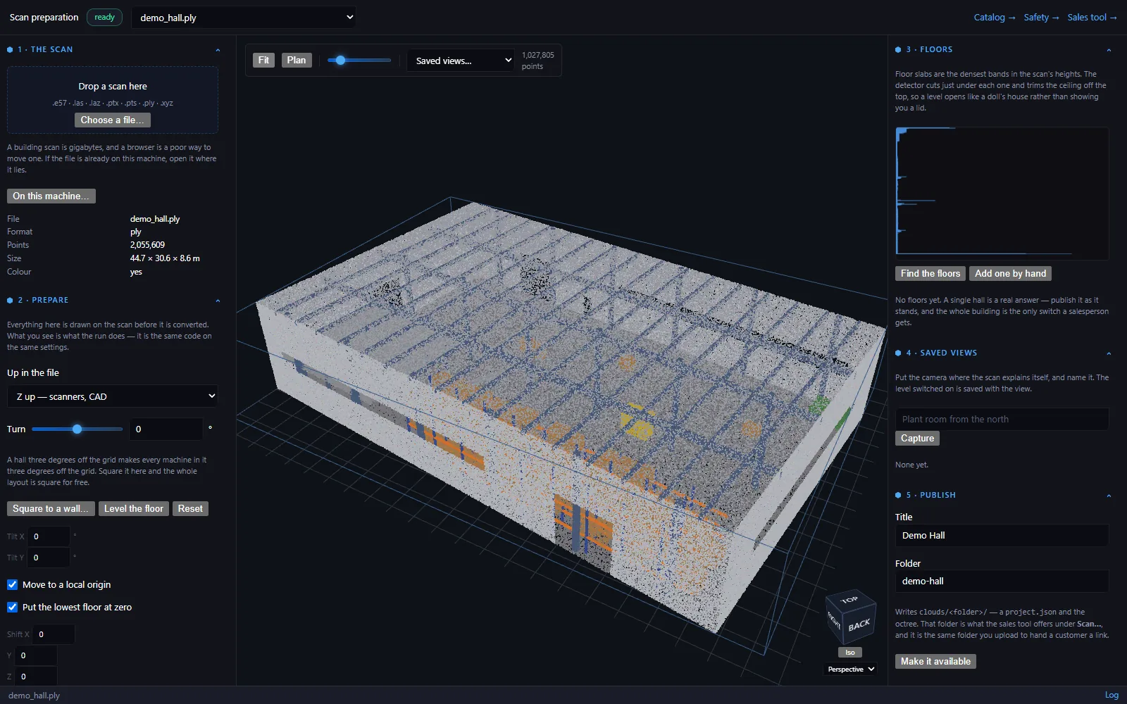 The scan bench with a hall scan: roof, racking, mezzanine and its height profile