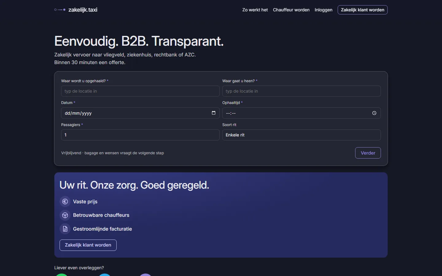 zakelijk.taxi front page with the request form
